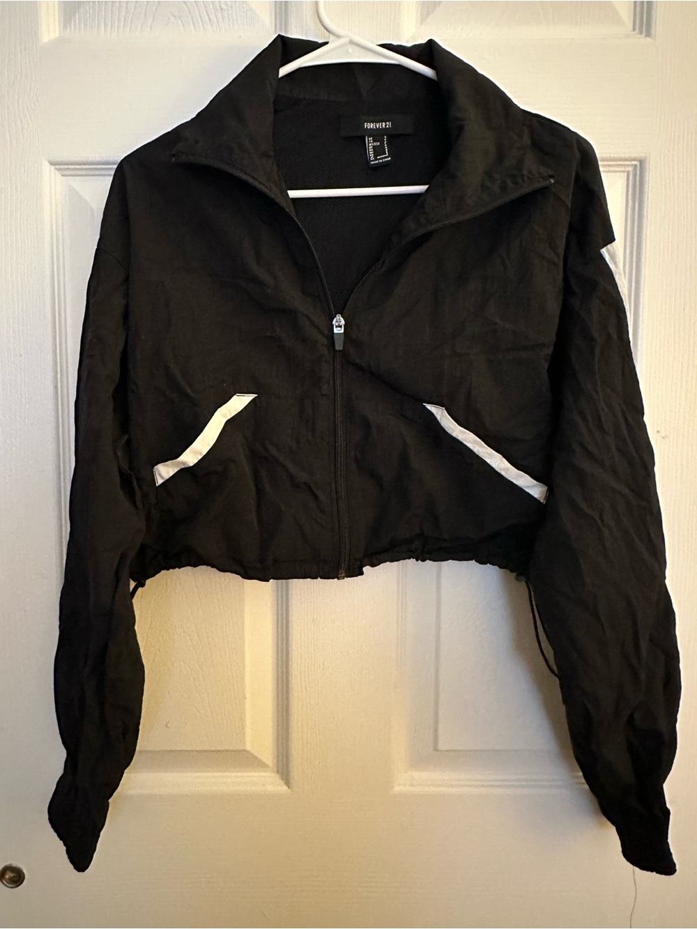 Forever 21 Black Cropped Bomber Jacket with White Pocket Trim